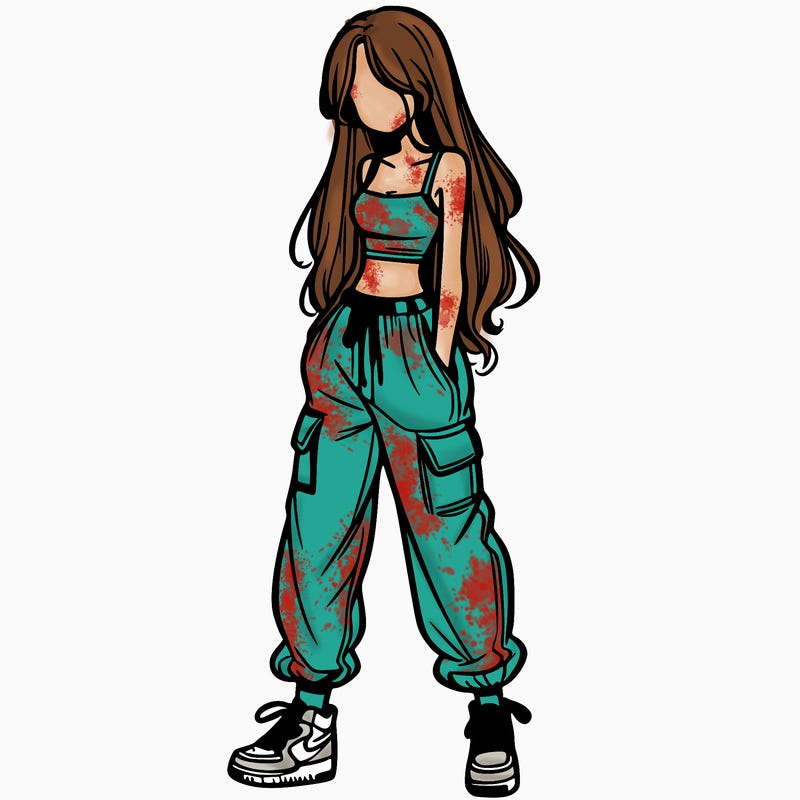 girl in baggy pants crop top and long hair