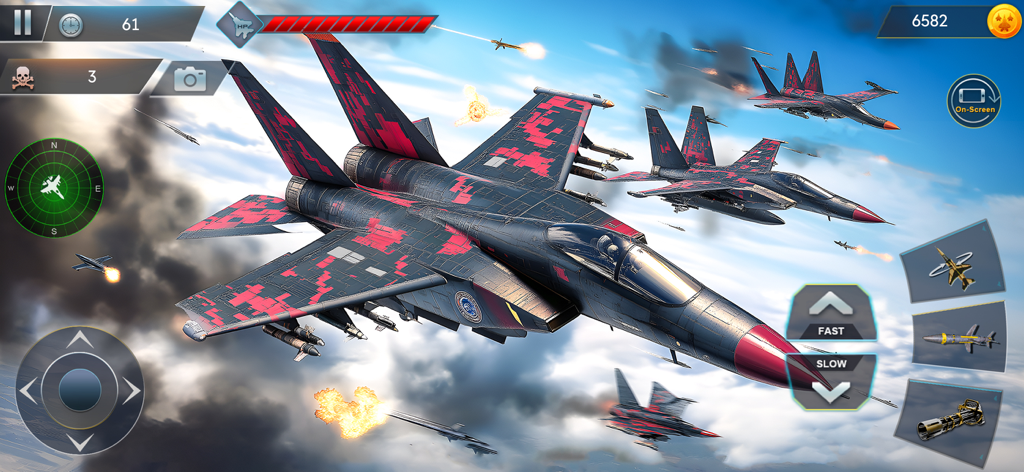 Airplane War Fighter Jet Games - Modernos aviones de combate con camuflaje digital rojo participando en un combate aéreo con explosiones y misiles en el cielo