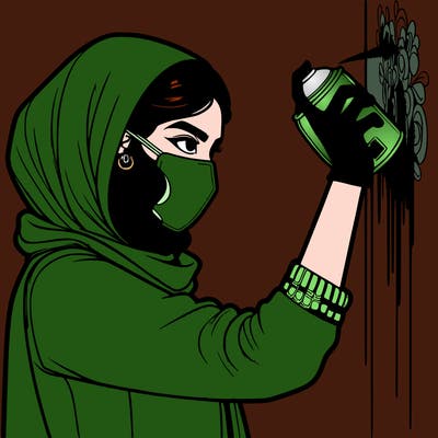 realistic girl with mask spray painting a wall