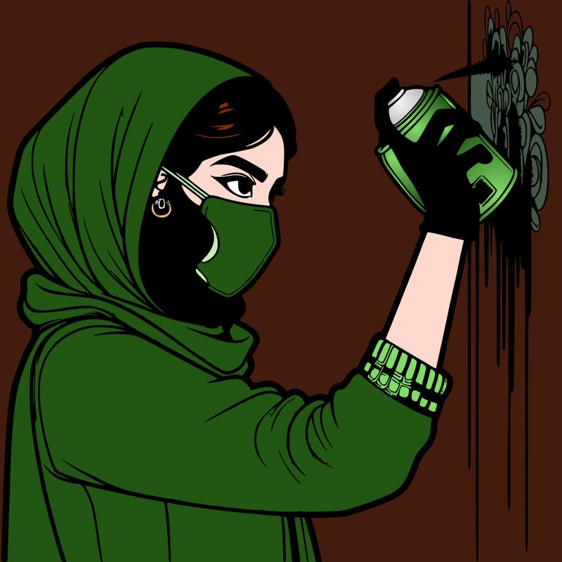 realistic girl with mask spray painting a wall