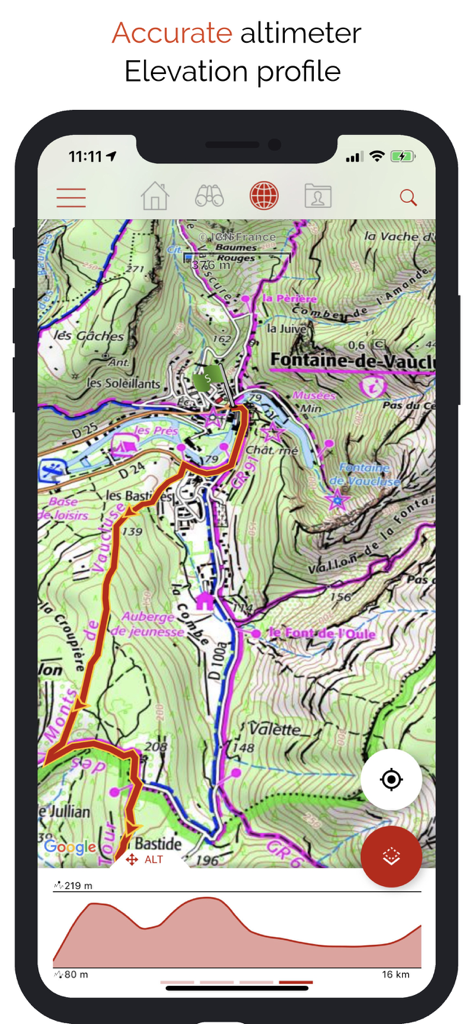 SityTrail - Interface de l'application SityTrail montrant une carte topographique détaillée et un graphique de profil d'élévation de randonnée.