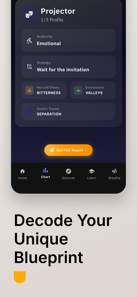 Human Design Chart: Soul Flow - Une interface d'application mobile de Soul Flow affichant un profil de Projecteur du Design Humain et un schéma énergétique personnel.