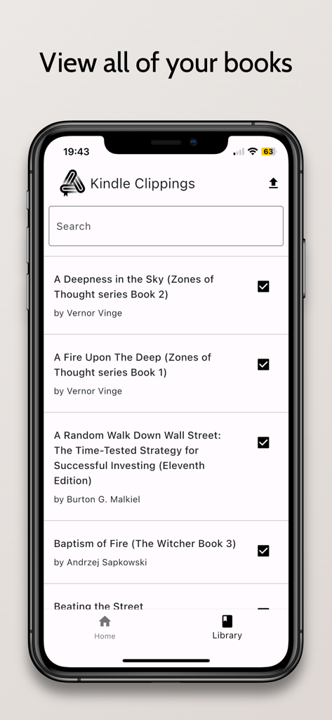 Kindle Clippings - Pantalla de biblioteca de la aplicación Kindle Clippings que muestra una lista de libros importados y sus autores
