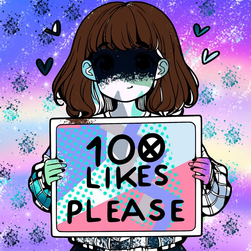 a girl holding a sign saying 100 likes please