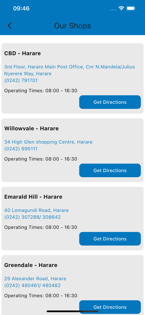 List of TelOne shop locations in Harare including addresses and operating hours