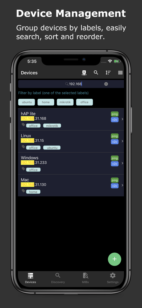 SNMP & SSH Terminal - SNMP and SSH Terminal app interface showing device management list with IP addresses and custom labels in dark mode.