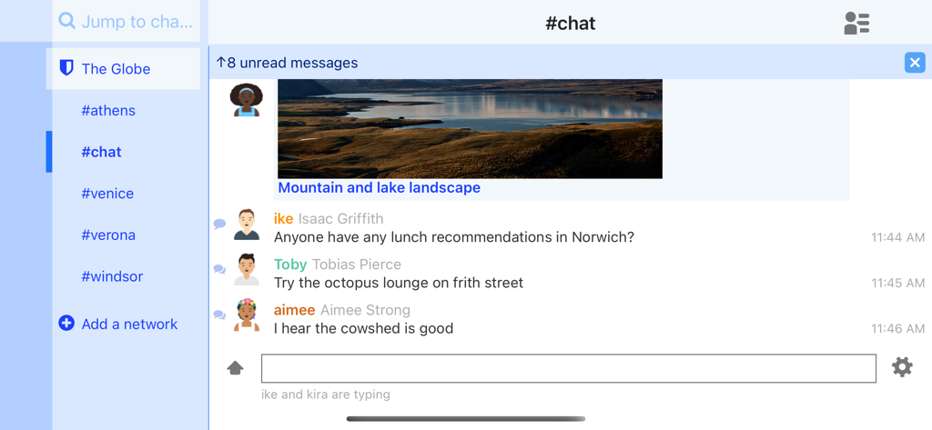 IRCCloud - The IRCCloud app interface displaying a chat conversation with messages and a shared photo in landscape mode.