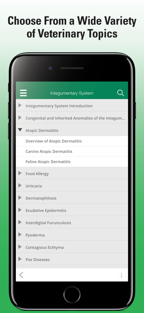 Merck Vet Manual - Screenshot of the Merck Vet Manual app showing a list of veterinary medical topics under the integumentary system section.
