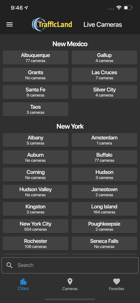 TrafficLand app interface showing a list of cities and available traffic cameras in New Mexico and New York