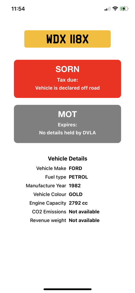 Mobile app screen showing UK vehicle tax status and technical specifications