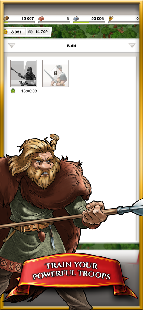 In-game screenshot of Travian Kingdoms showing a warrior and the menu to train troops with resource counts at the top.