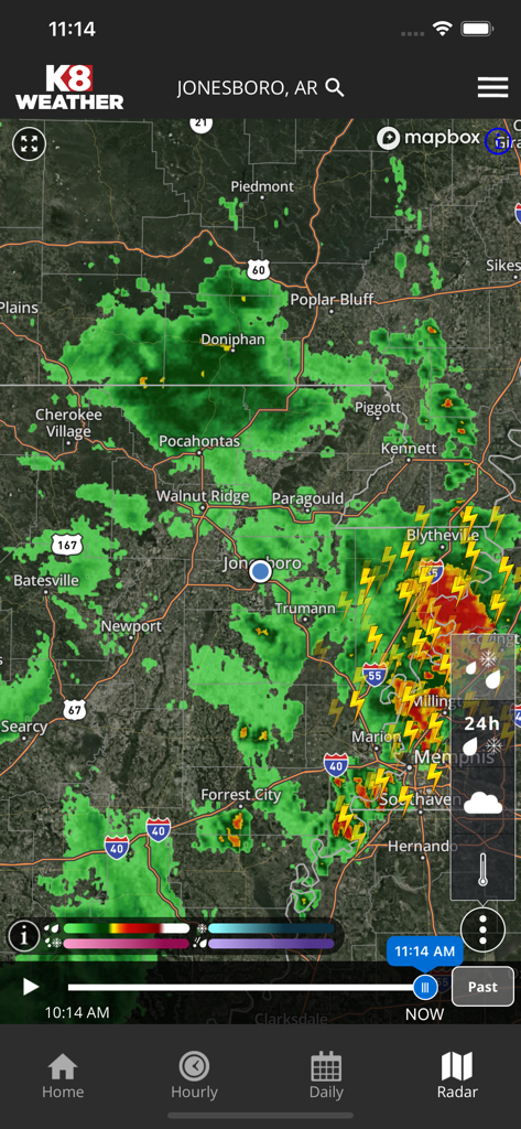 KAIT Region 8 weather app showing a high resolution storm radar map with lightning alerts over Jonesboro Arkansas