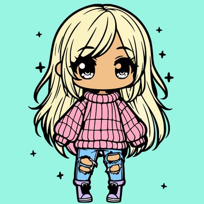 chibi girl with ripped jeans,long hair, and an oversized sweater
