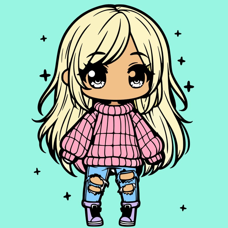 chibi girl with ripped jeans,long hair, and an oversized sweater