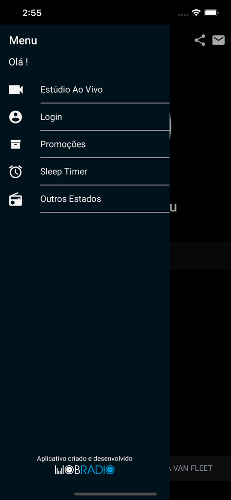 A Rádio Rock - A Rádio Rock app navigation menu with options for live studio, login, promotions, sleep timer, and other states