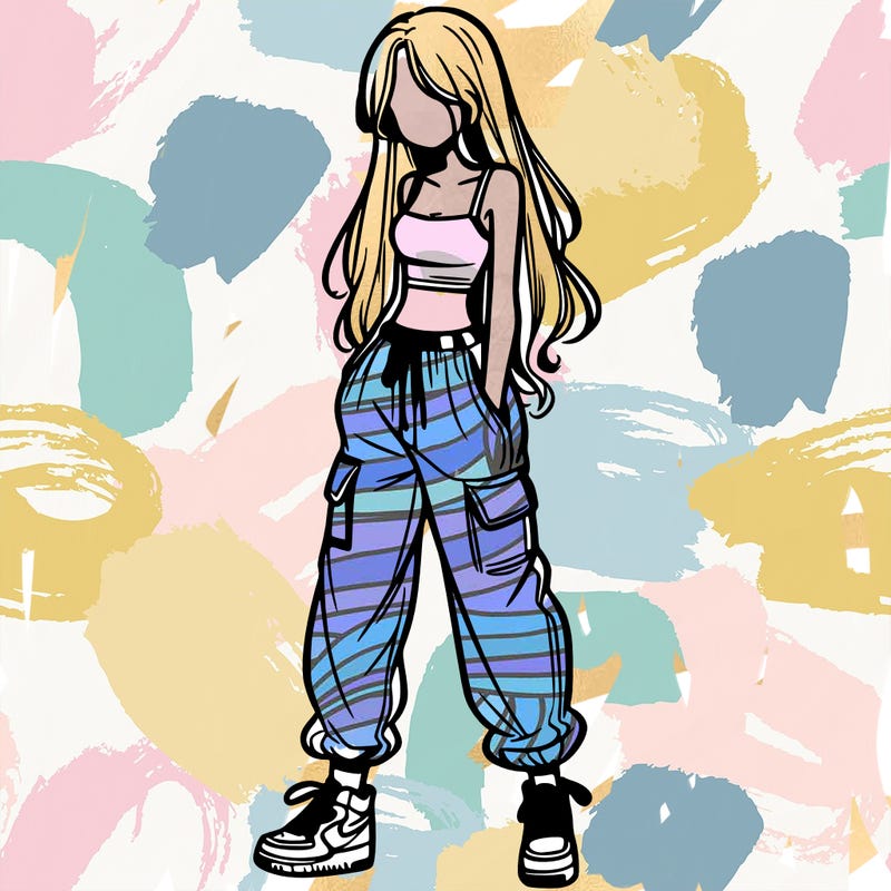 girl in baggy pants crop top and long hair