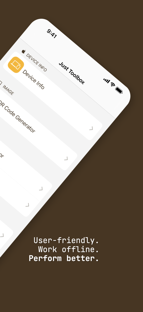 Screenshot der Just Toolbox App, die Entwickler-Dienstprogramme und den Slogan User-friendly, Work offline, Perform better anzeigt.