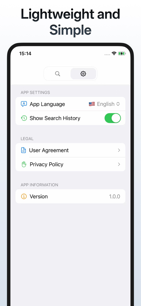 OnlySearch:DeepLink - OnlySearch DeepLink settings page showing app language and search history options