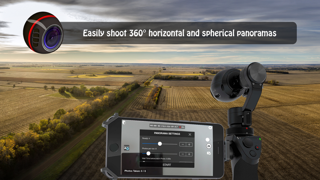 Caméra DJI Osmo avec smartphone affichant les paramètres de panorama Litchi au-dessus d'un paysage rural