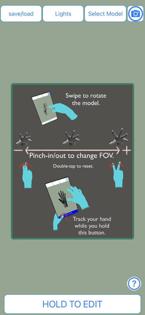 Tutorial interface showing how to rotate and zoom the 3D hand model using touch gestures