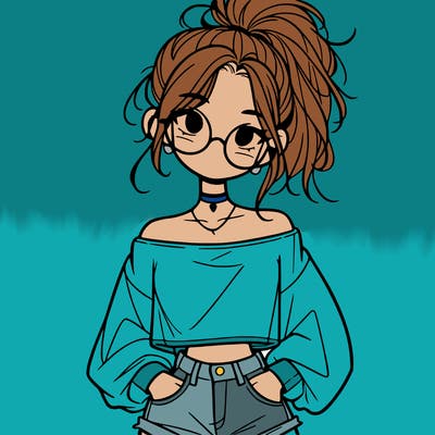 girl with a messy ponytail glasses a baggy crop top and jean shorts