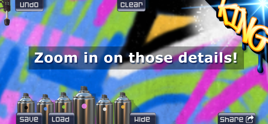 Graffiti Spray Can Art - KING - Œuvre d'art de graffiti numérique montrant la fonction de zoom et diverses couleurs de bombe de peinture dans l'interface de l'application.