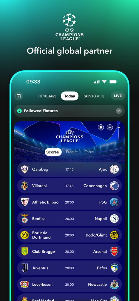 FollowScores: Live Scores - FollowScores mobile app interface showing UEFA Champions League match schedule