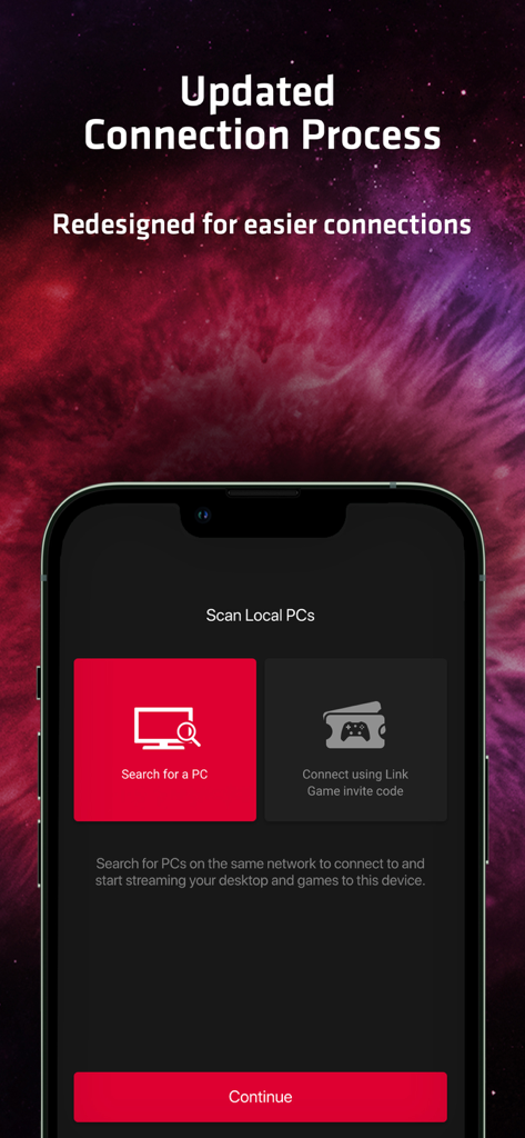 AMD Link app interface showing the updated connection process screen for scanning local PCs
