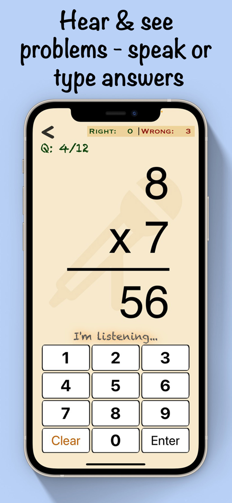 Mental Math Cards Games & Tips - iPhone screenshot of Mental Math Cards app showing a multiplication problem with voice and keypad input options