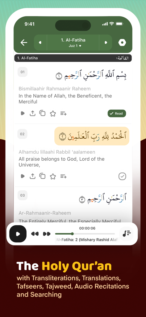 Interface of the Muslim and Quran app showing the Holy Quran with Arabic text English translation and audio recitation controls