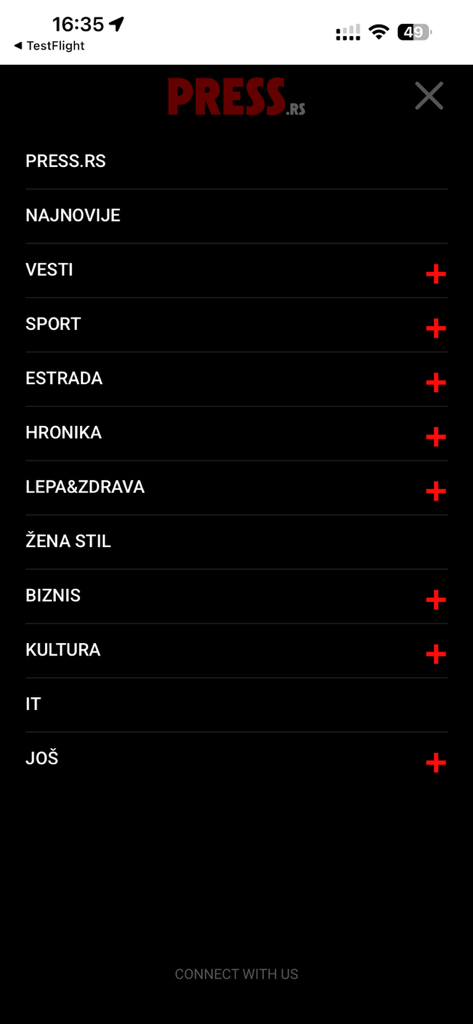 Press RS - The main navigation menu of the Press RS news app showing various content categories in Serbian such as Sport and Biznis.