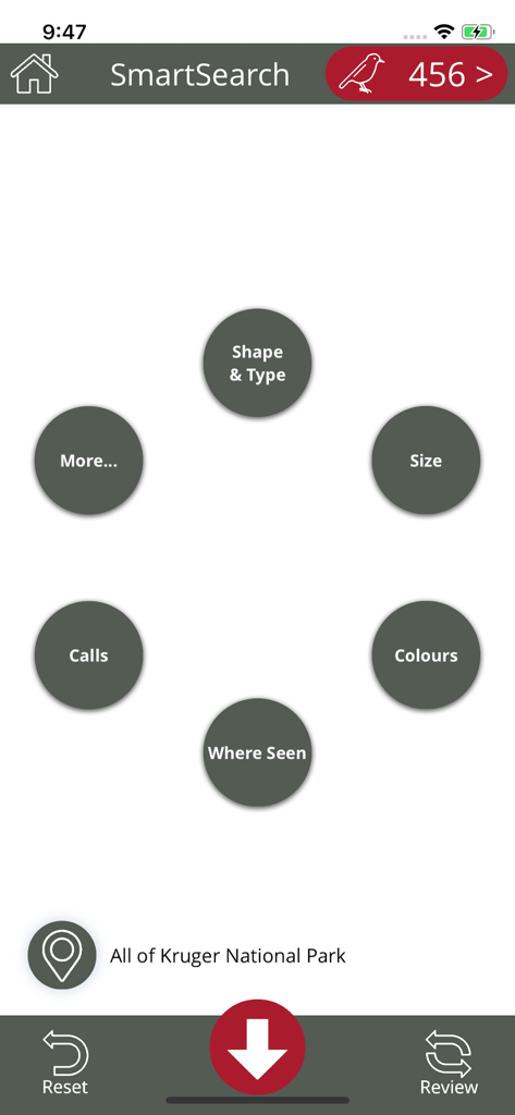 BirdPro - 새 모양, 크기, 색상 및 소리에 대한 원형 필터가 있는 BirdPro SmartSearch 화면