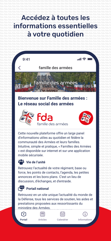 Famille des armées - Pantalla de inicio de la aplicación Famille des armées mostrando la página de bienvenida de la red social militar.