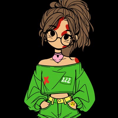 girl with a messy ponytail glasses a baggy crop top and jean shorts