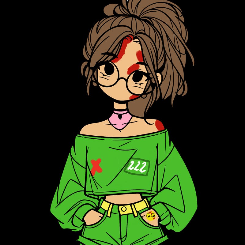 girl with a messy ponytail glasses a baggy crop top and jean shorts