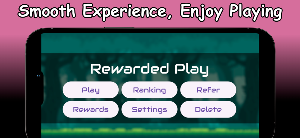 Screenshot of the Rewarded Play app main menu showing navigation buttons for Play, Ranking, Refer, Rewards, and Settings.