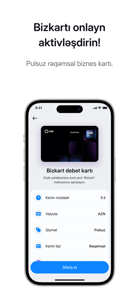 Mobile screen showing the digital Bizkart debit card details and ordering process in the ABB Biz app