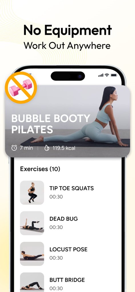 Pilates at Home, Wall Pilates - Mobile app screen showing a bubble booty pilates workout that requires no equipment