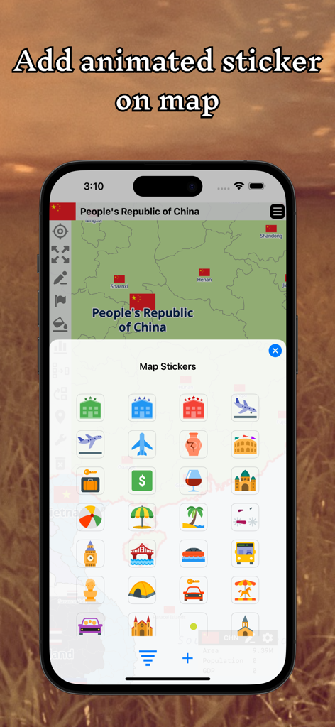 A+ World Map Editor Sandbox - Animated map stickers menu in the World Map Editor Sandbox app