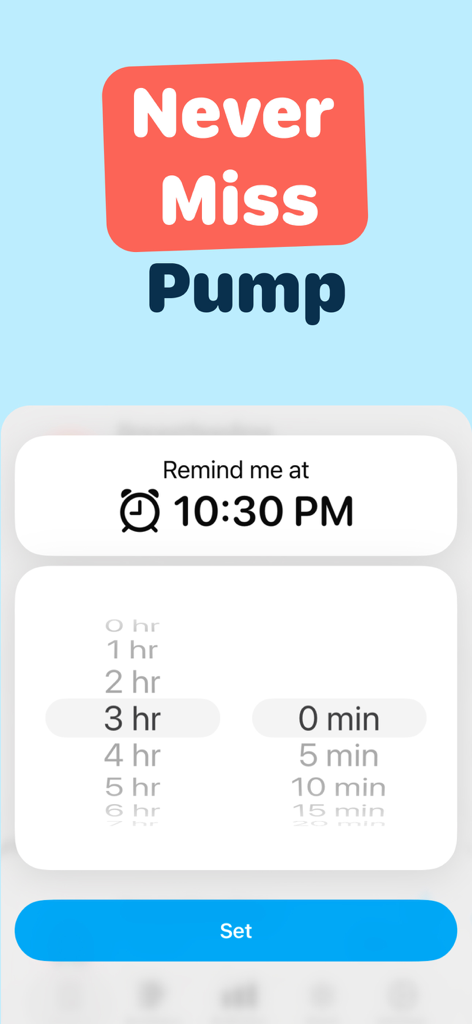 Baby Feed Timer - Babee - User interface for setting a breast milk pumping reminder in the Babee app