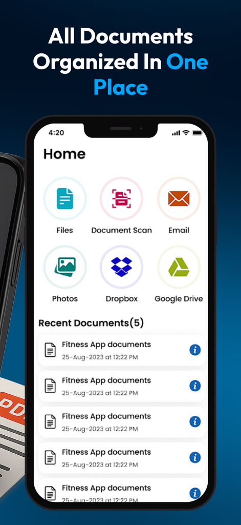 PDF Scanner : File Manager - Pantalla de inicio de la aplicación móvil PDF Scanner y File Manager mostrando opciones de organización de documentos e iconos de almacenamiento en la nube