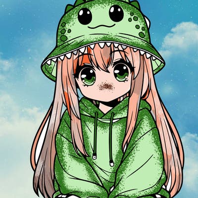 girl with anime shaped eyes with a dinosaur bucket hat oversized sweatshirt long straight hair