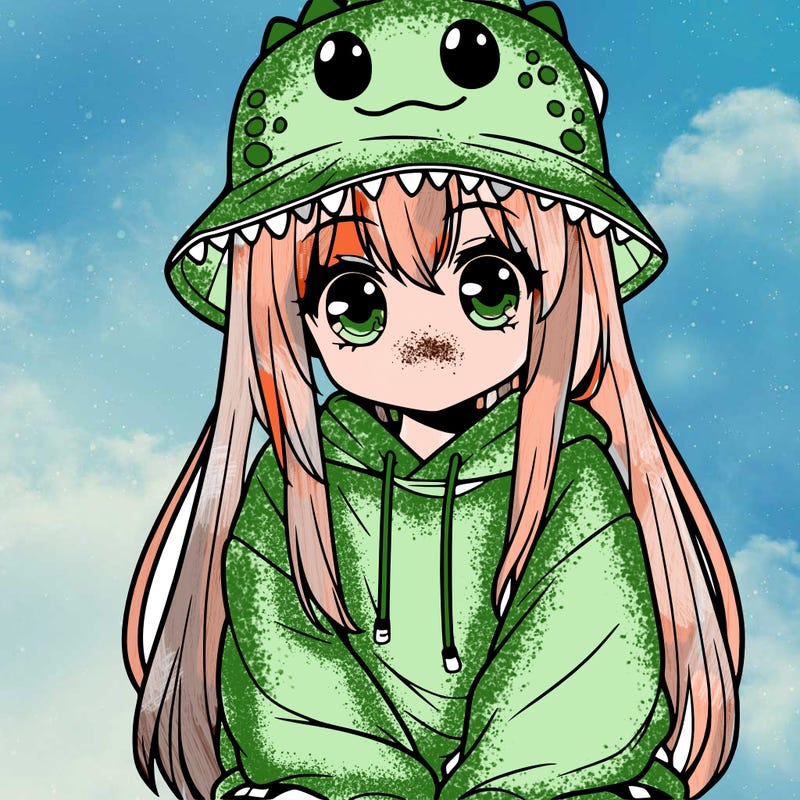 girl with anime shaped eyes with a dinosaur bucket hat oversized sweatshirt long straight hair