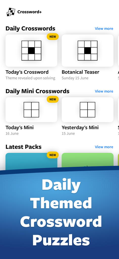Crossword plusモバイルアプリのインターフェース。毎日のテーマ別パズルとミニクロスワードのセレクションが表示されています。
