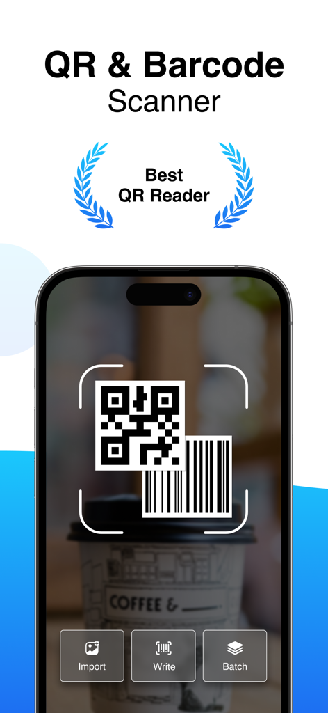 An iPhone screen displaying the QR and Barcode Scanner app interface with scan import and batch options