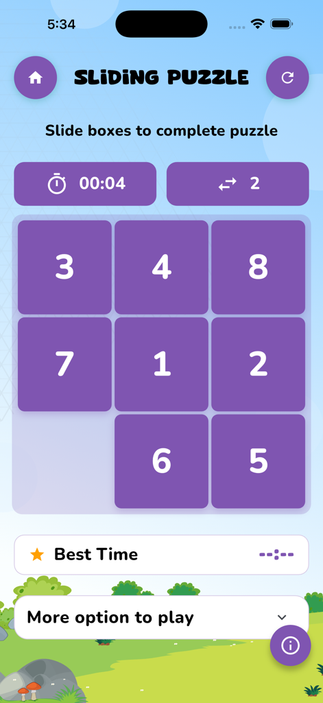 Pantalla de juego de un rompecabezas deslizante con una cuadrícula de 3x3 de fichas moradas