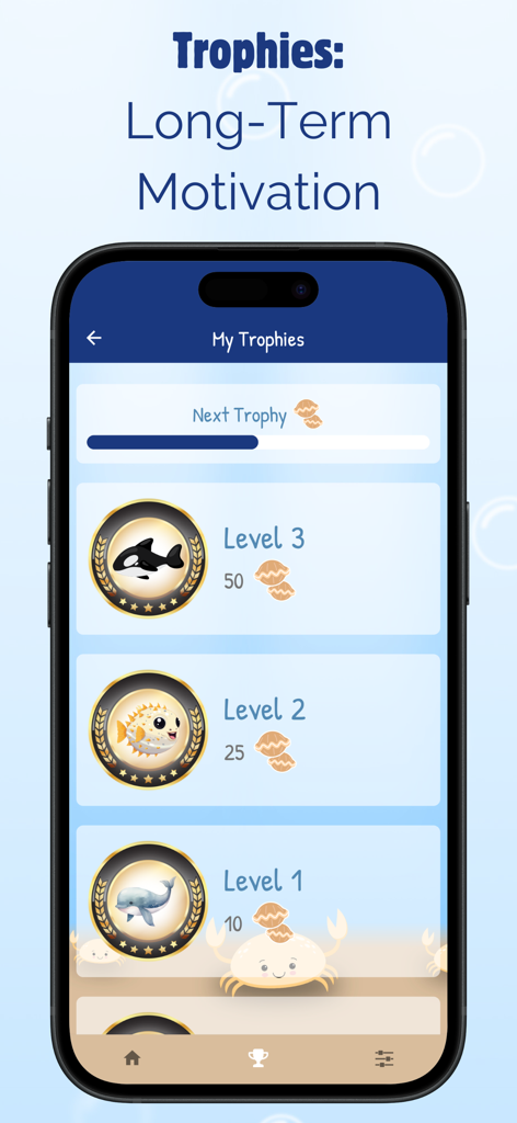 Learn Math For Kids PRO - Pantalla de trofeos en la aplicación que muestra recompensas de criaturas marinas y seguimiento del progreso de hitos educativos.
