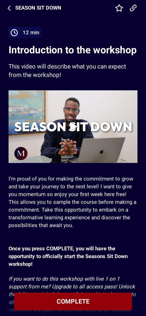 MOMENTUM+ - A workshop introduction screen in the MOMENTUM plus app featuring a video lesson and a complete button.