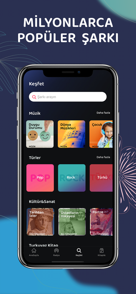 A tela de descoberta do aplicativo móvel 724 Dinle com gêneros musicais turcos, humores e audiolivros culturais.