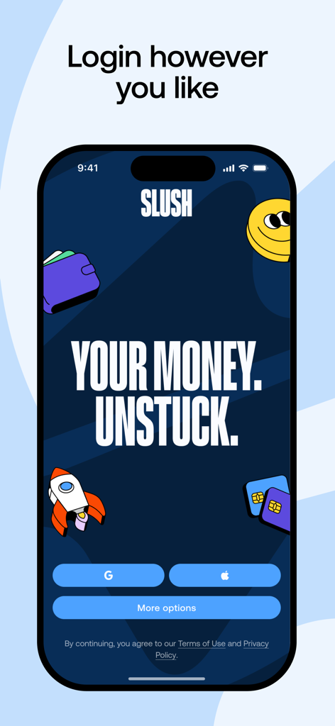 Slush Sui wallet login interface with social authentication buttons for Google and Apple